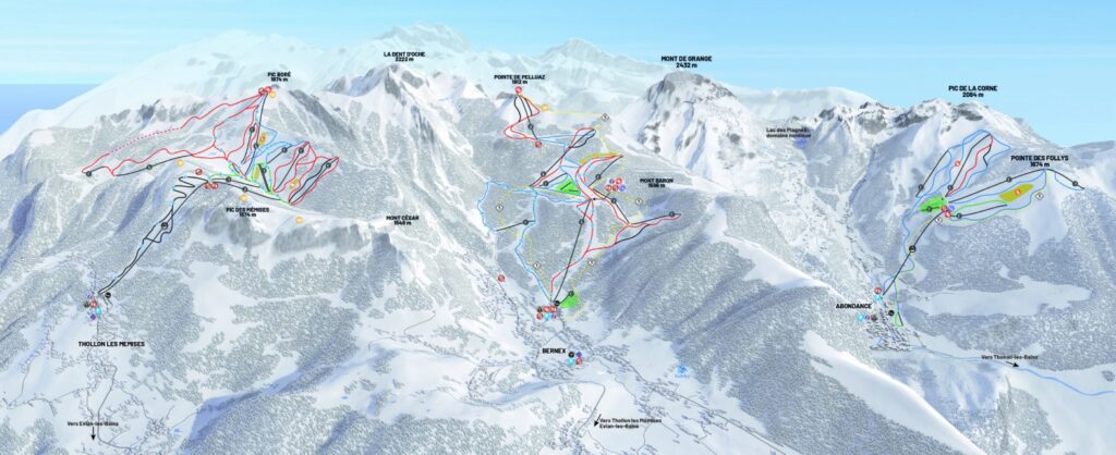 plan des pistes des 3 domaines de Thollon Bernex et Abondance